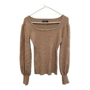 OnTwelfth Off-the-Shoulder Tan Sweater with Pearl Details Size Small